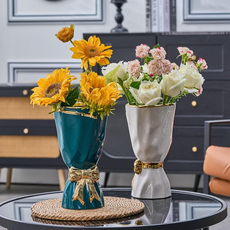 WLGRANJIA Bow Vase for Home Decor, Gold Vase for Boho Style, 9.65 Inch Large Vases for Ideal Table Decor, Living Room. Ceramic Flower Vases. （Glazed Exterior and Interior） (Green, Large) - Image 3